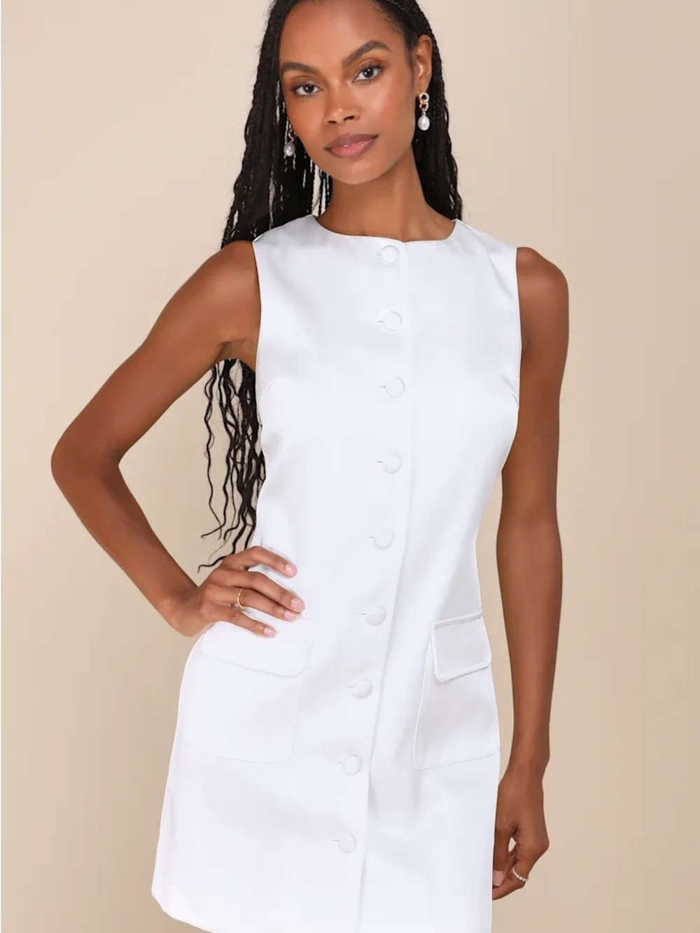 NWT Lulus Sophisticated Icon White Satin Button-Up Mini Dress With Pockets M